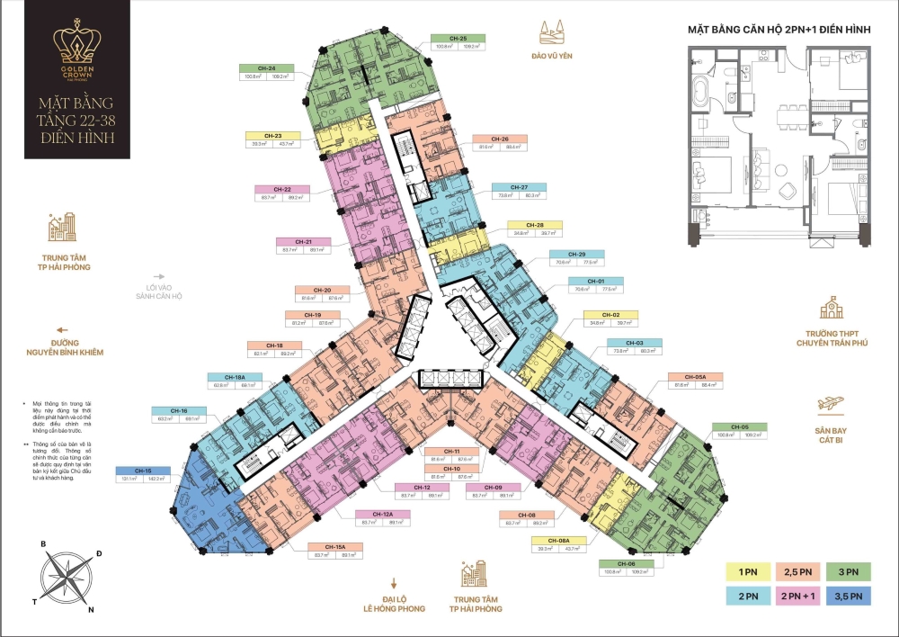 Tổng thể mặt bằng các loại hình căn hộ tại chung cư Golden Crown Hải Phòng